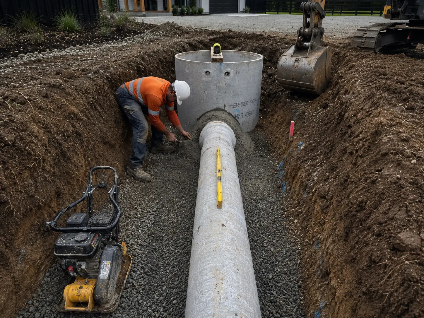 Compact excavator installing stormwater pipe beside a modern home