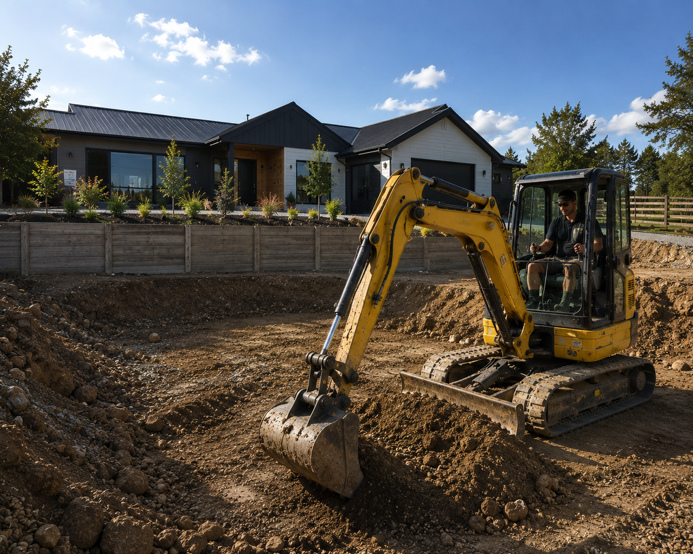 Orange excavator cutting a residential building platform