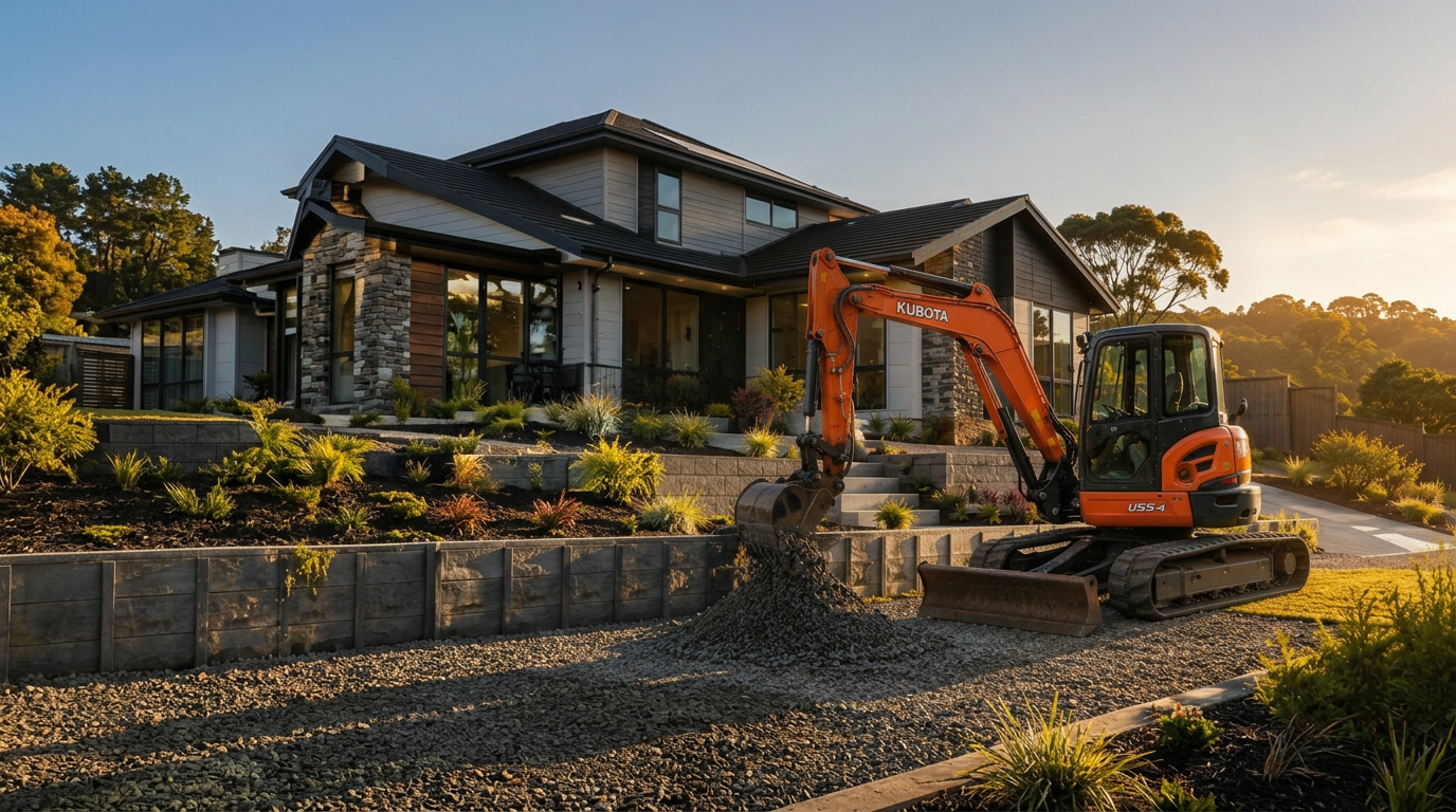 Premium residential home with landscaped entrance and stone retaining wall